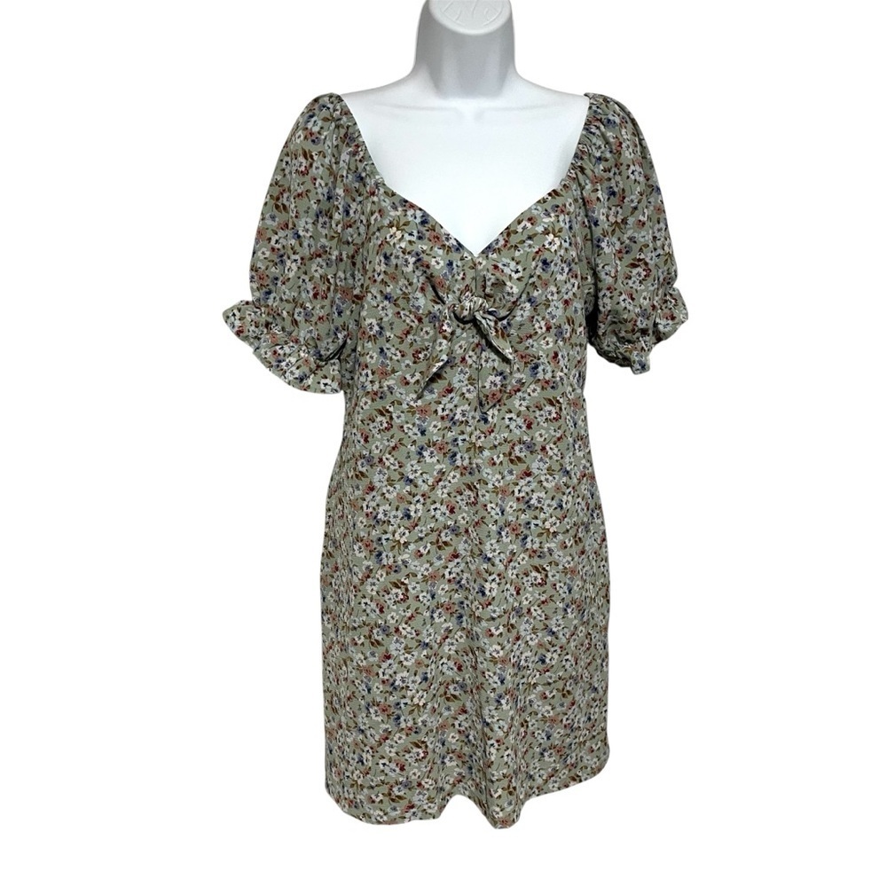 Floral Tie-Front Sun Dress Ruffle Sleeve Pockets Size XL Stretch Easter Spring